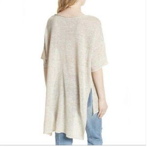 Free People Tunic Top Oversize Cream Knit High Low Slit Sweater Short Sleeve XS